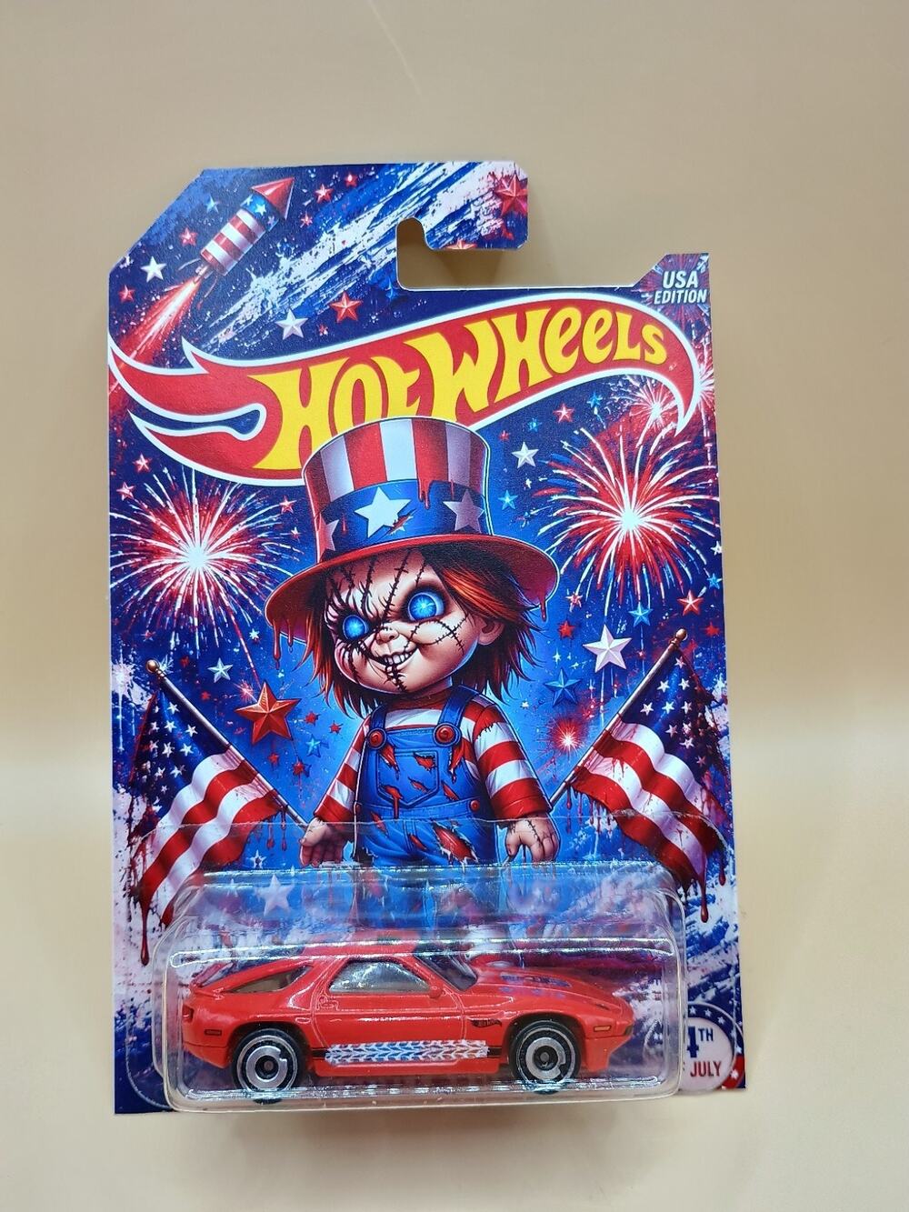 Custom Hot Wheels Porsche 928 Horror Chucky Patriotic 4th July 1:64